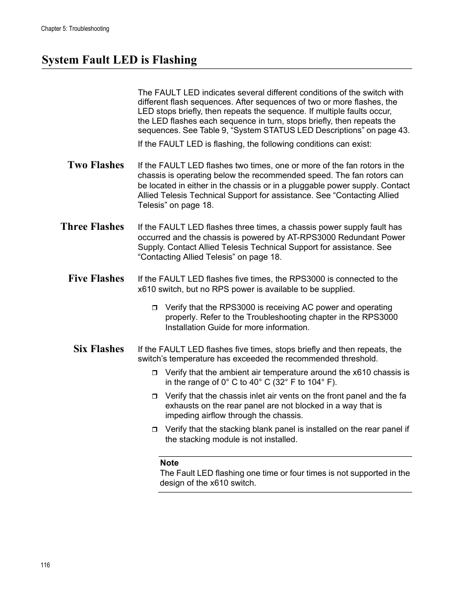 System fault led is flashing, Two flashes, Three flashes | Five flashes, Six flashes, Two flashes three flashes five flashes six flashes | Allied Telesis x610 Series Layer 3 User Manual | Page 116 / 128