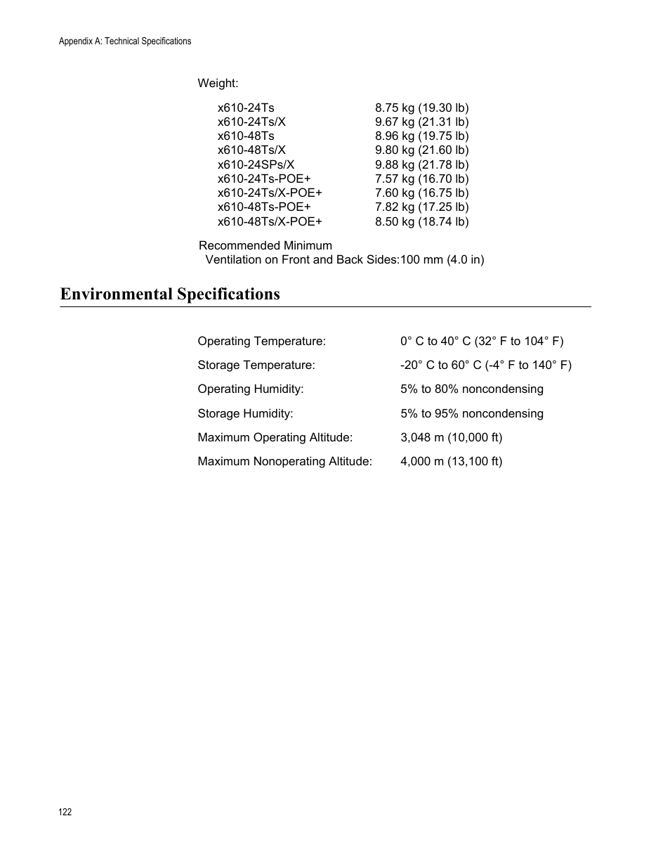 Environmental specifications | Allied Telesis x610 Series Layer 3 User Manual | Page 122 / 128