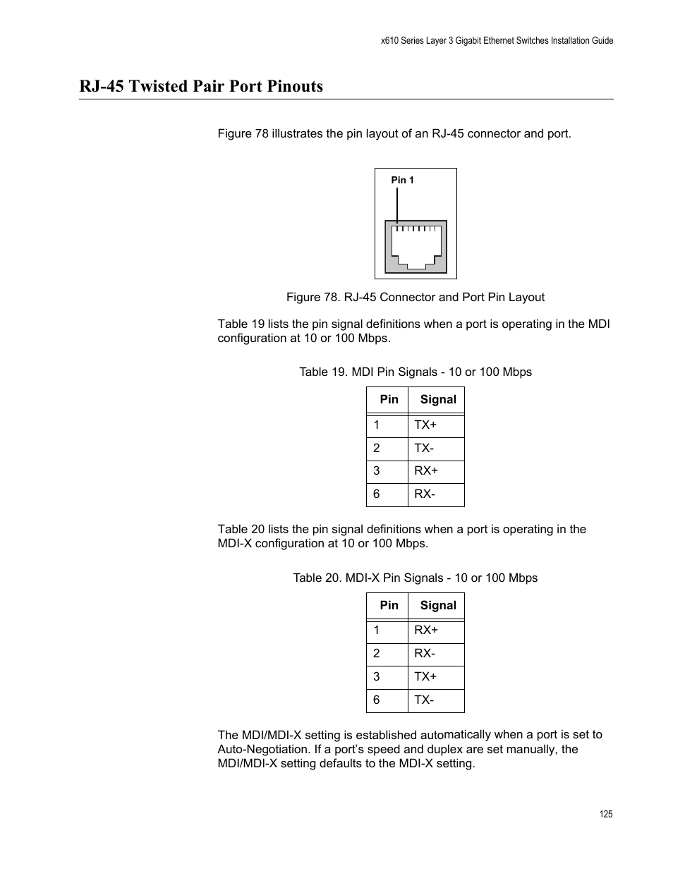 Rj-45 twisted pair port pinouts, Figure 78. rj-45 connector and port pin layout | Allied Telesis x610 Series Layer 3 User Manual | Page 125 / 128