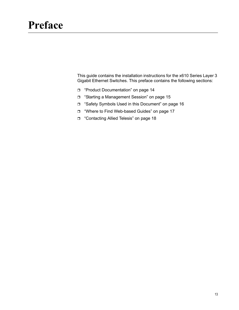 Preface | Allied Telesis x610 Series Layer 3 User Manual | Page 13 / 128