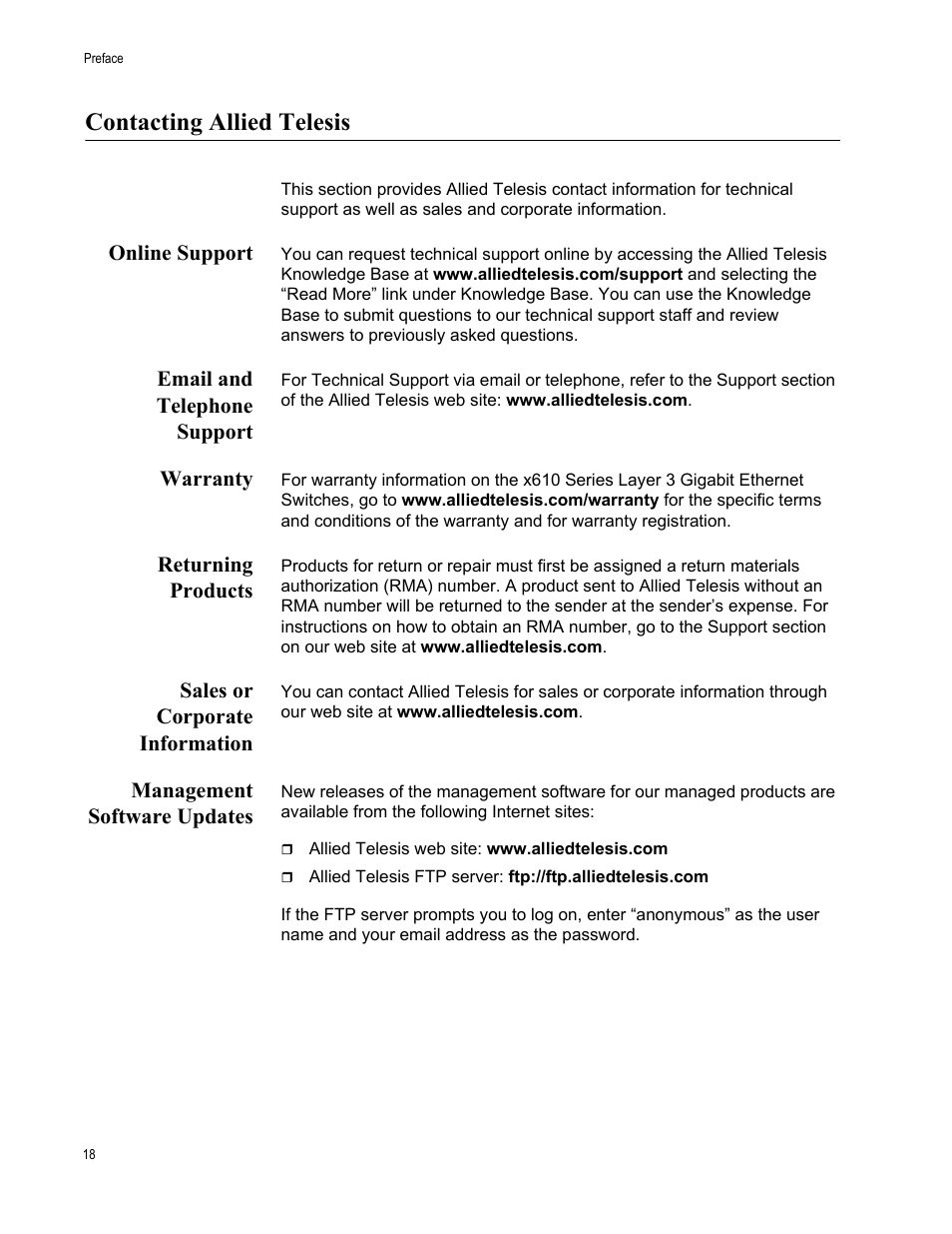 Contacting allied telesis, Online support, Email and telephone support | Warranty, Returning products, Sales or corporate information, Management software updates | Allied Telesis x610 Series Layer 3 User Manual | Page 18 / 128