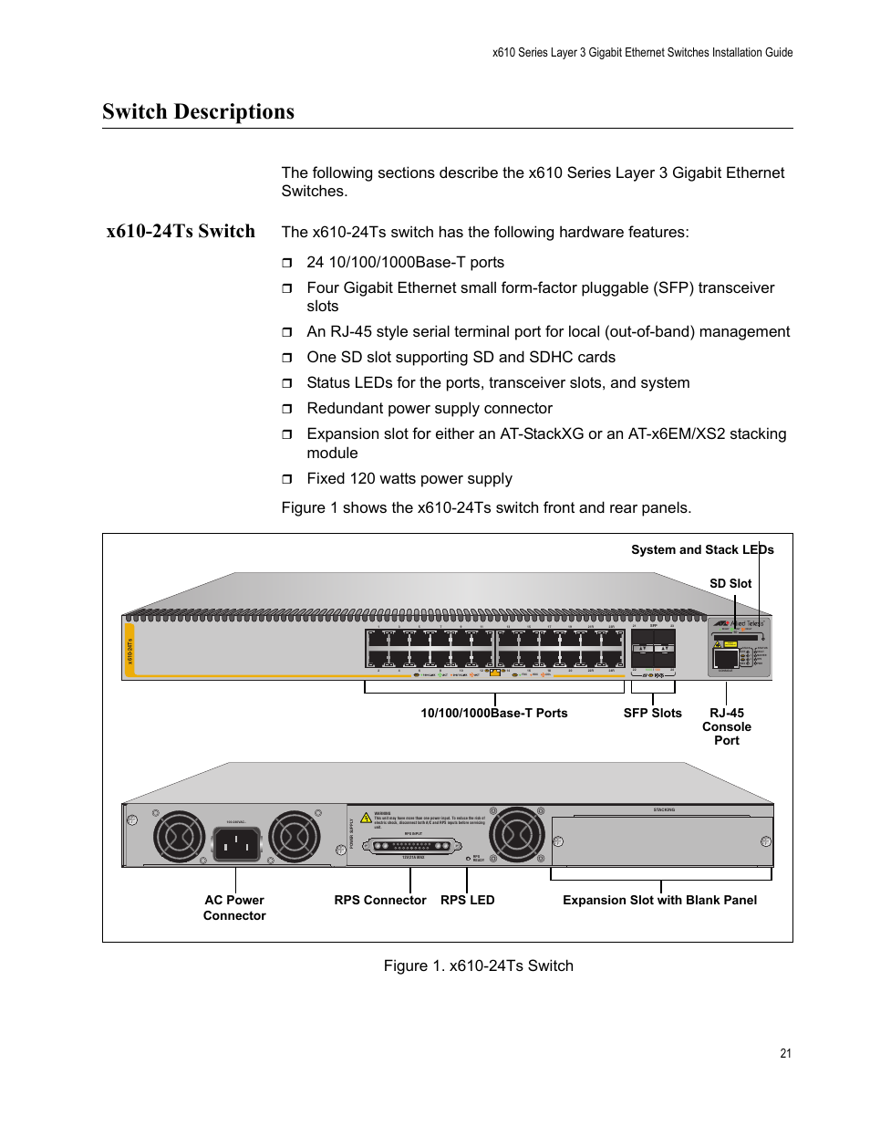 Switch descriptions, X610-24ts switch, Figure 1. x610-24ts switch | One sd slot supporting sd and sdhc cards, Redundant power supply connector, L/a class 1 laser product, Rps led | Allied Telesis x610 Series Layer 3 User Manual | Page 21 / 128