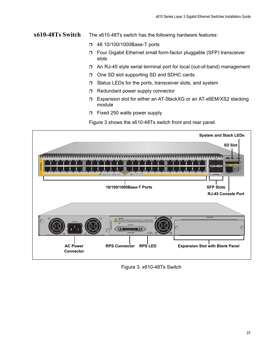 X610-48ts switch, Figure 3. x610-48ts switch, One sd slot supporting sd and sdhc cards | Redundant power supply connector, L/a class 1 laser product | Allied Telesis x610 Series Layer 3 User Manual | Page 23 / 128