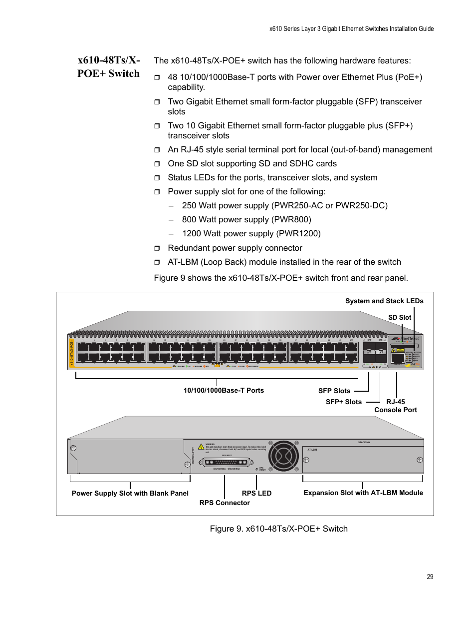 X610-48ts/x- poe+ switch, X610-48ts/x-poe+ switch, Figure 9. x610-48ts/x-poe+ switch | One sd slot supporting sd and sdhc cards, Redundant power supply connector, L/a class 1 laser product | Allied Telesis x610 Series Layer 3 User Manual | Page 29 / 128