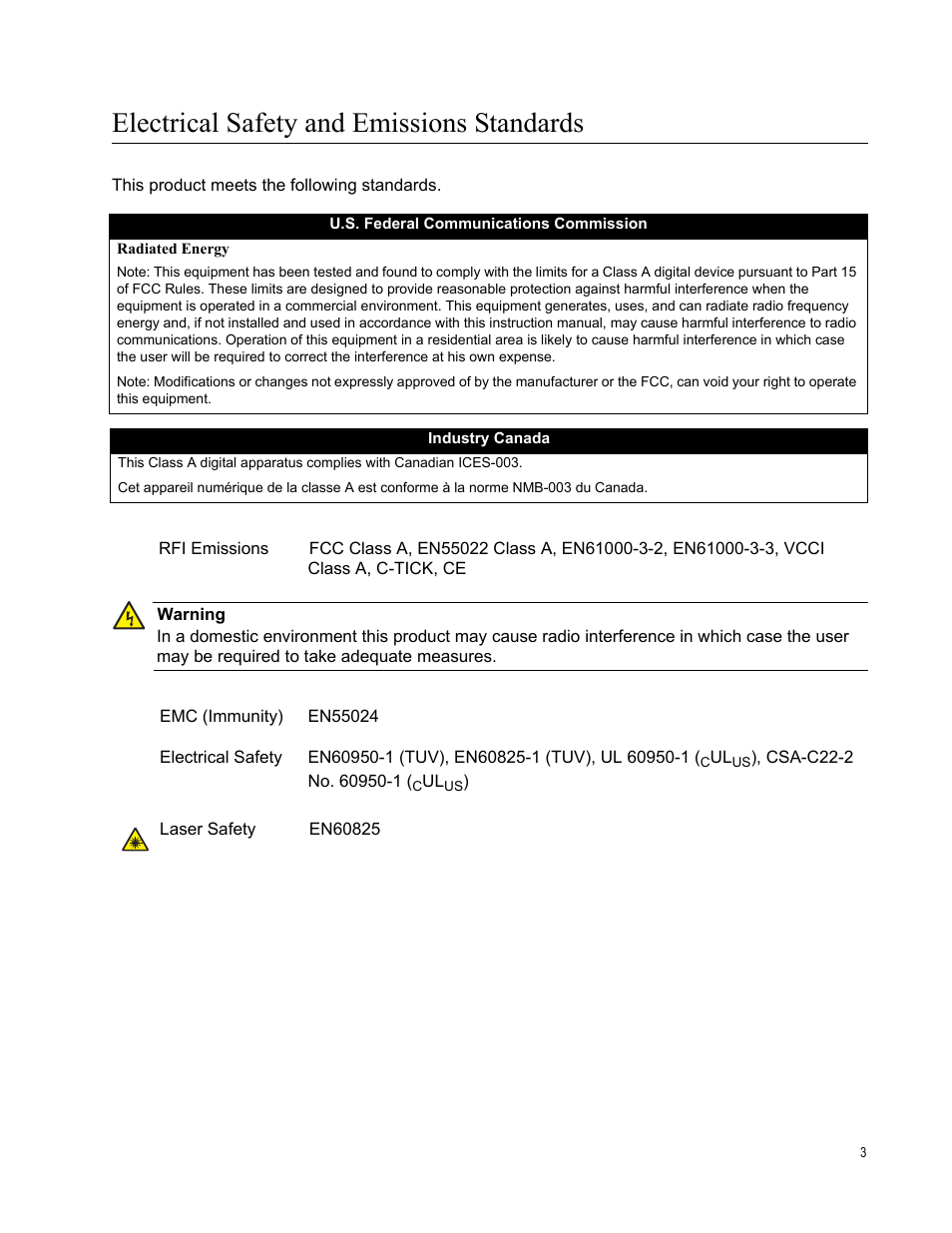 Electrical safety and emissions standards | Allied Telesis x610 Series Layer 3 User Manual | Page 3 / 128