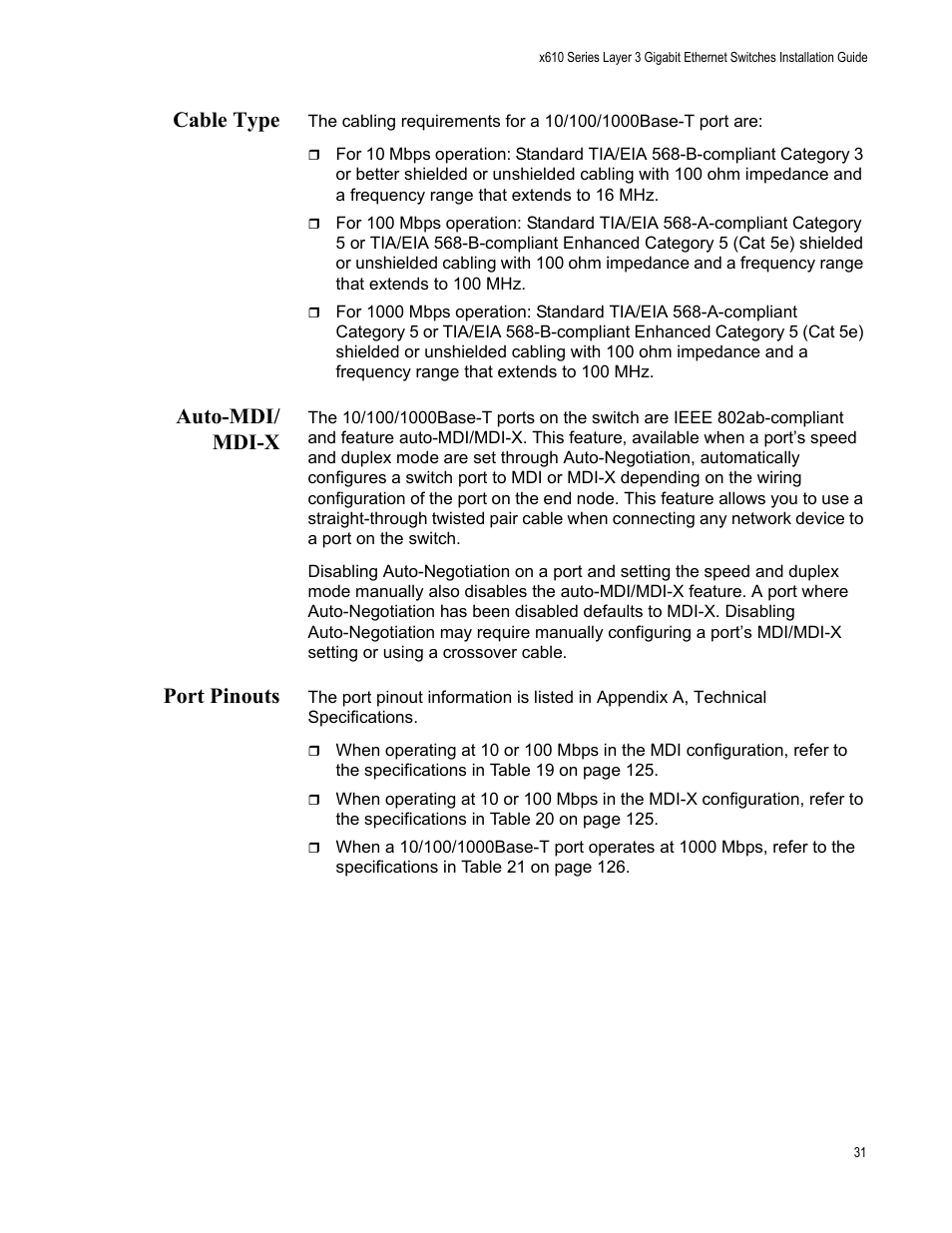 Cable type, Auto-mdi/ mdi-x, Port pinouts | Cable type auto-mdi/mdi-x port pinouts | Allied Telesis x610 Series Layer 3 User Manual | Page 31 / 128