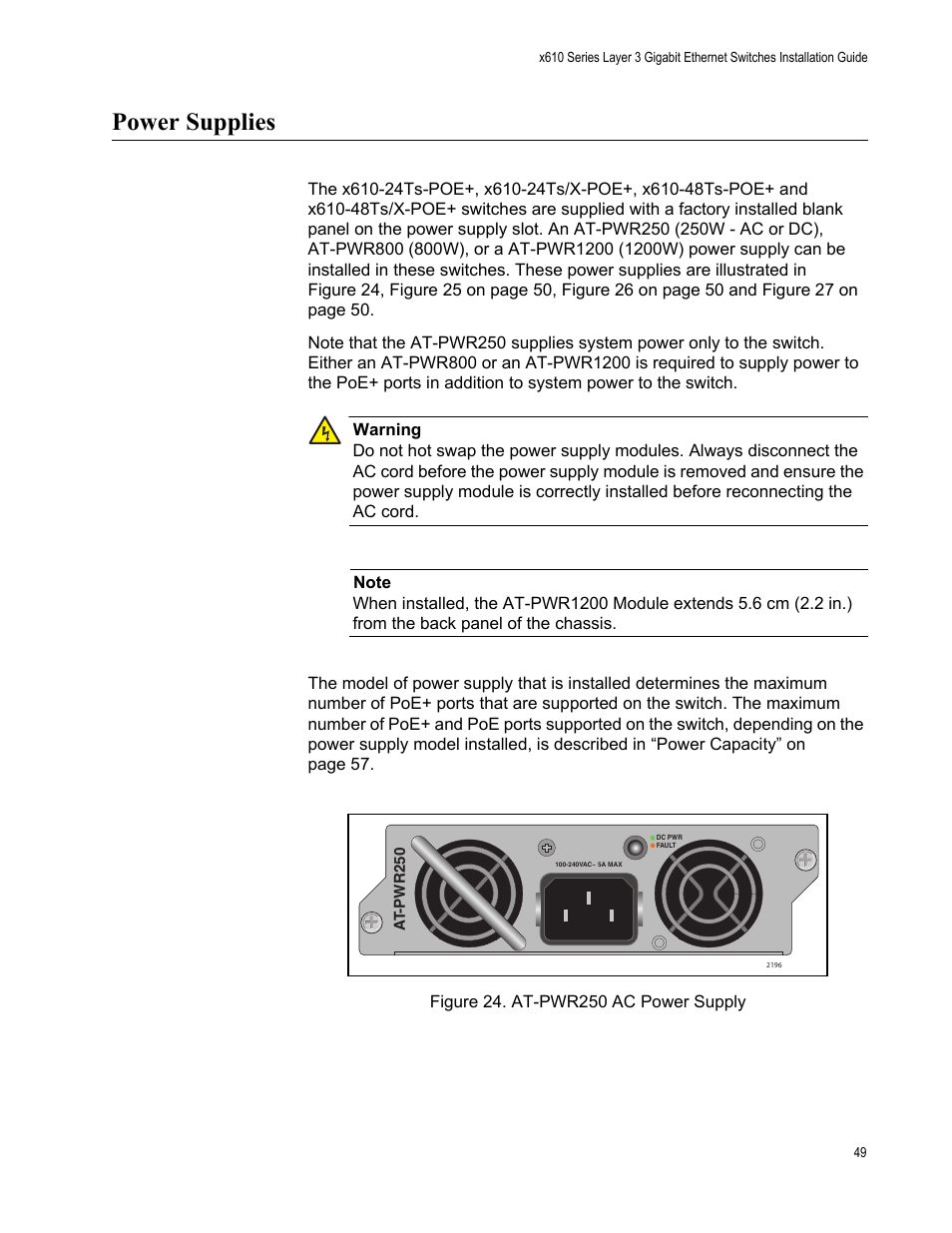 Power supplies, Figure 24. at-pwr250 ac power supply | Allied Telesis x610 Series Layer 3 User Manual | Page 49 / 128