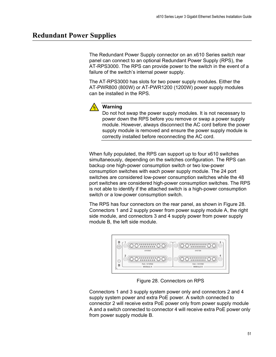 Redundant power supplies, Figure 28. connectors on rps | Allied Telesis x610 Series Layer 3 User Manual | Page 51 / 128