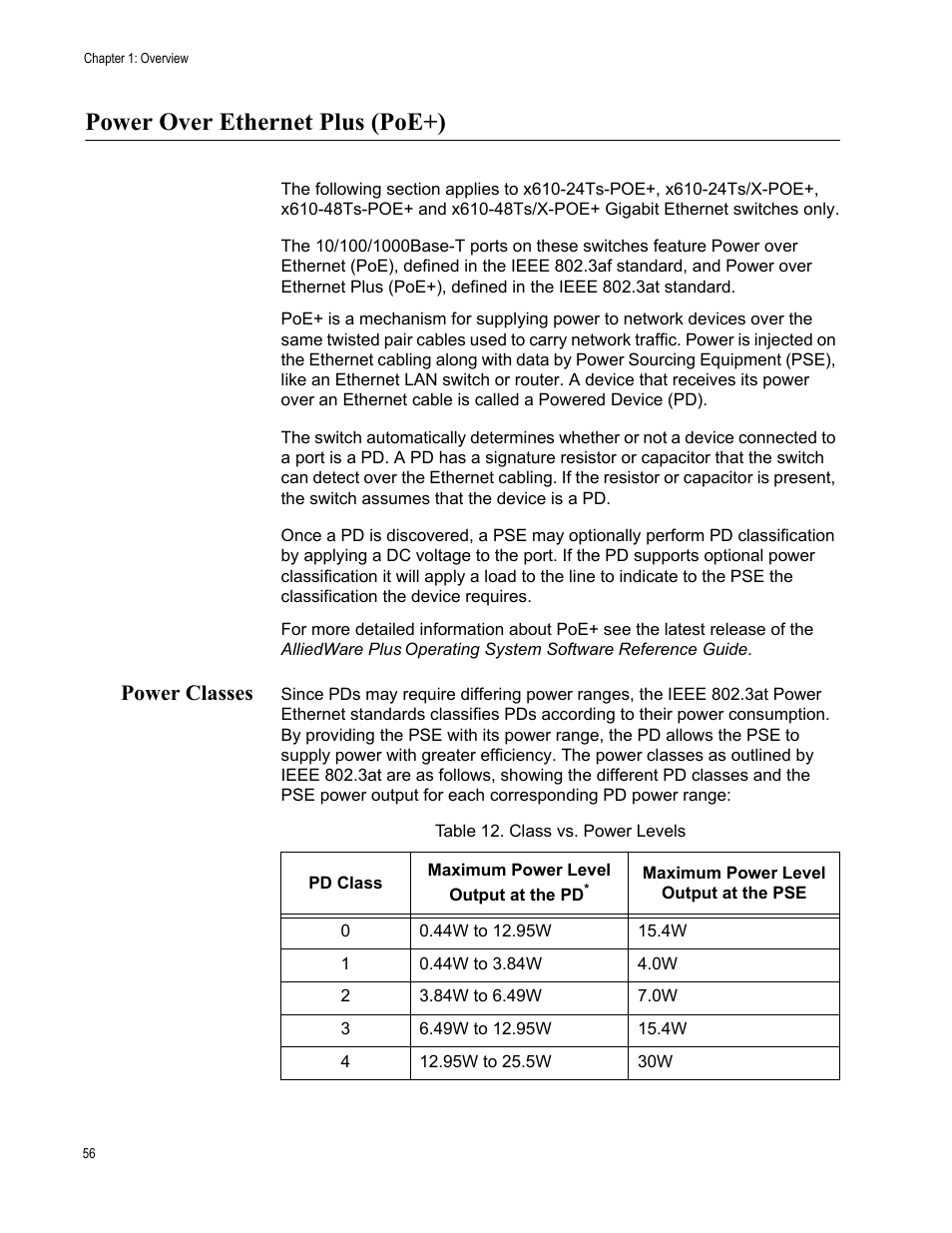 Power over ethernet plus (poe+), Power classes, Table 12. class vs. power levels | Allied Telesis x610 Series Layer 3 User Manual | Page 56 / 128