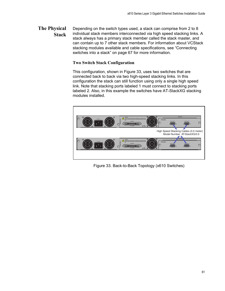 The physical stack, Figure 33. back-to-back topology (x610 switches), Two switch stack configuration | This configuration, shown in figure 33 | Allied Telesis x610 Series Layer 3 User Manual | Page 61 / 128