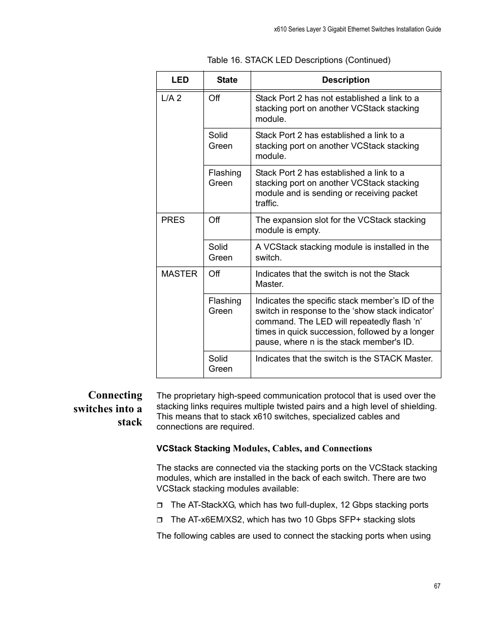 Connecting switches into a stack | Allied Telesis x610 Series Layer 3 User Manual | Page 67 / 128