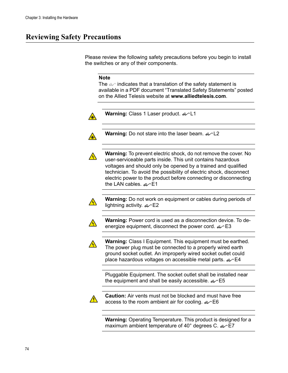 Reviewing safety precautions | Allied Telesis x610 Series Layer 3 User Manual | Page 74 / 128