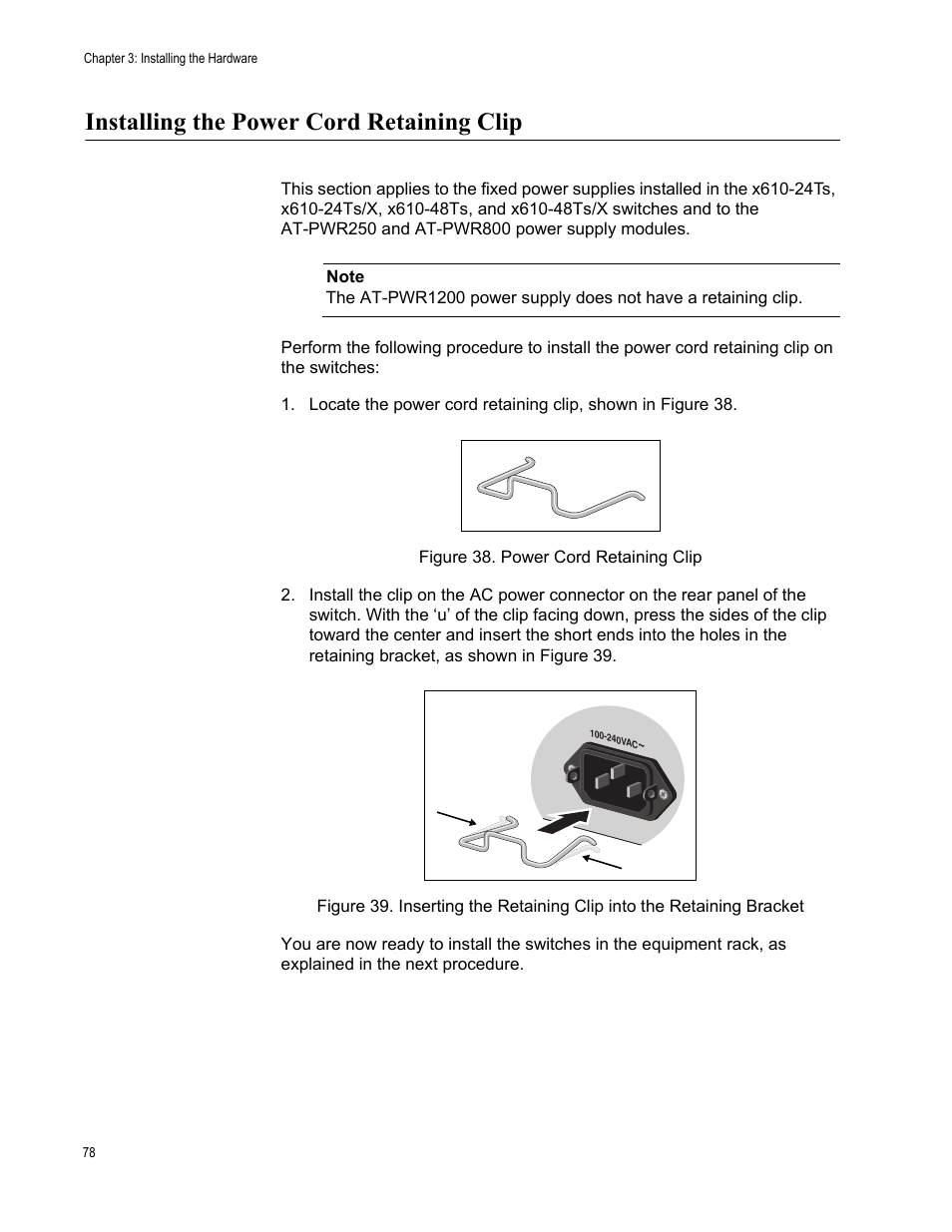 Installing the power cord retaining clip | Allied Telesis x610 Series Layer 3 User Manual | Page 78 / 128