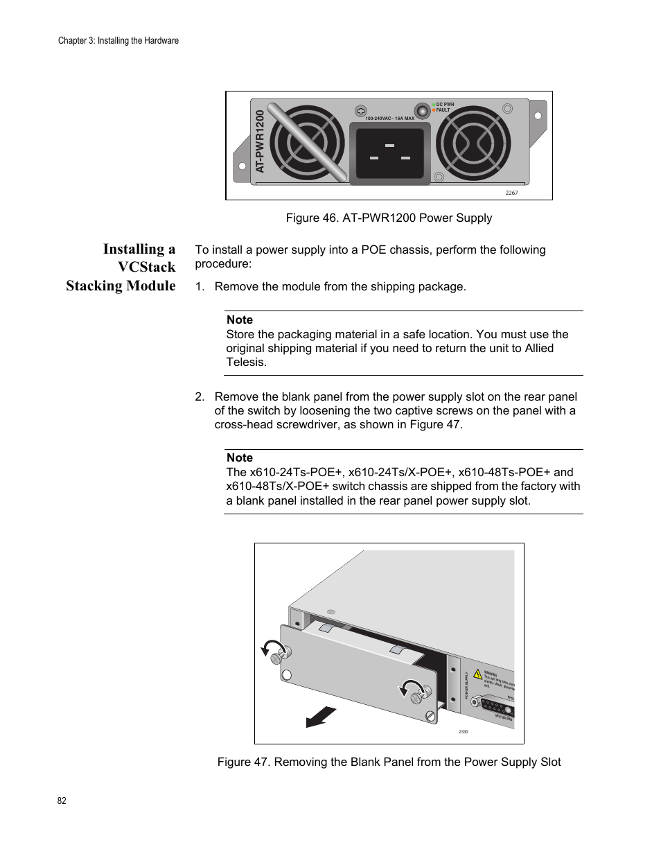 Installing a vcstack stacking module, At -pwr1200 | Allied Telesis x610 Series Layer 3 User Manual | Page 82 / 128