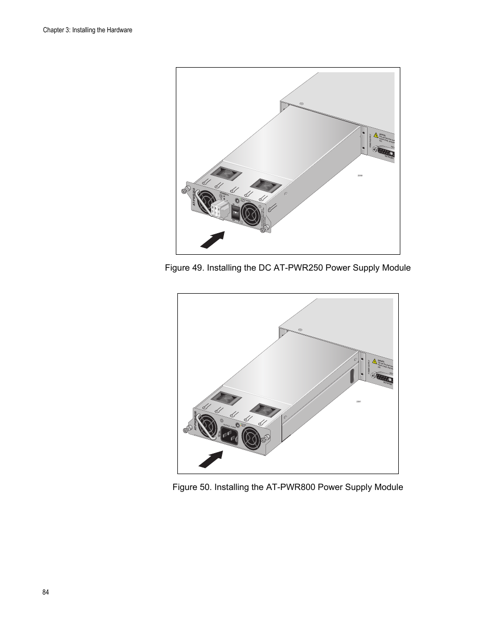 Installing the dc at-pwr250 power supply module, Chapter 3: installing the hardware 84 | Allied Telesis x610 Series Layer 3 User Manual | Page 84 / 128