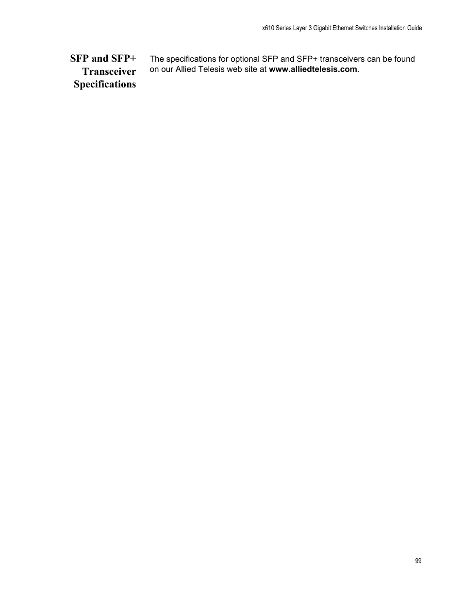 Sfp and sfp+ transceiver specifications | Allied Telesis x610 Series Layer 3 User Manual | Page 99 / 128