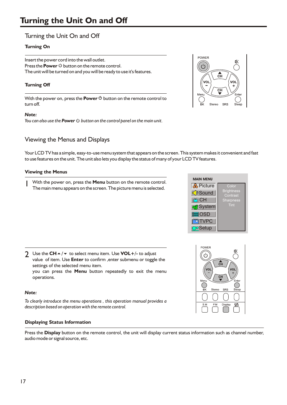 Turning the unit on and off, Viewing the menus and displays | Audiovox FPE3705 User Manual | Page 20 / 45