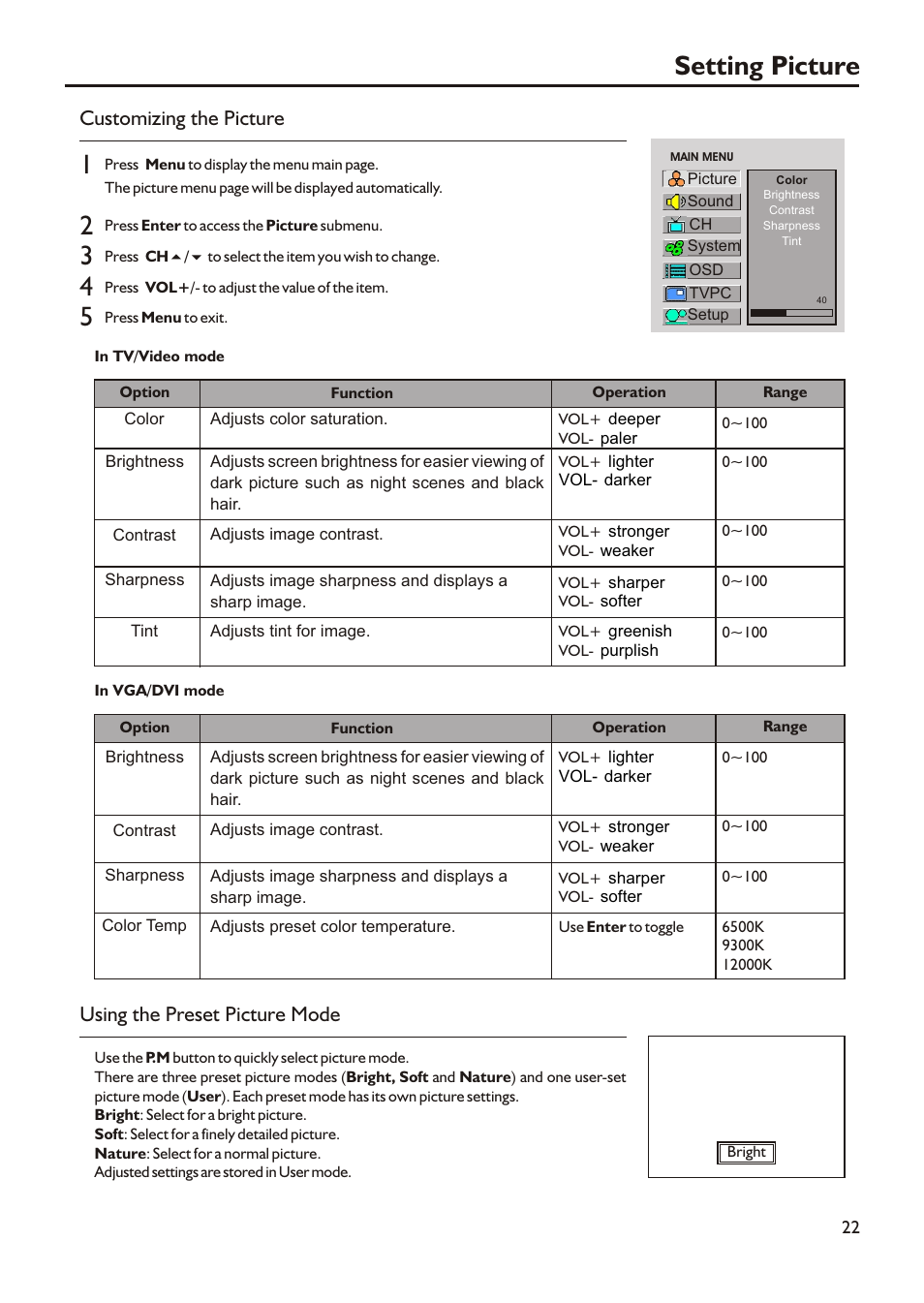 Setting picture, Customizing the picture, Using the preset picture mode | Audiovox FPE3705 User Manual | Page 25 / 45