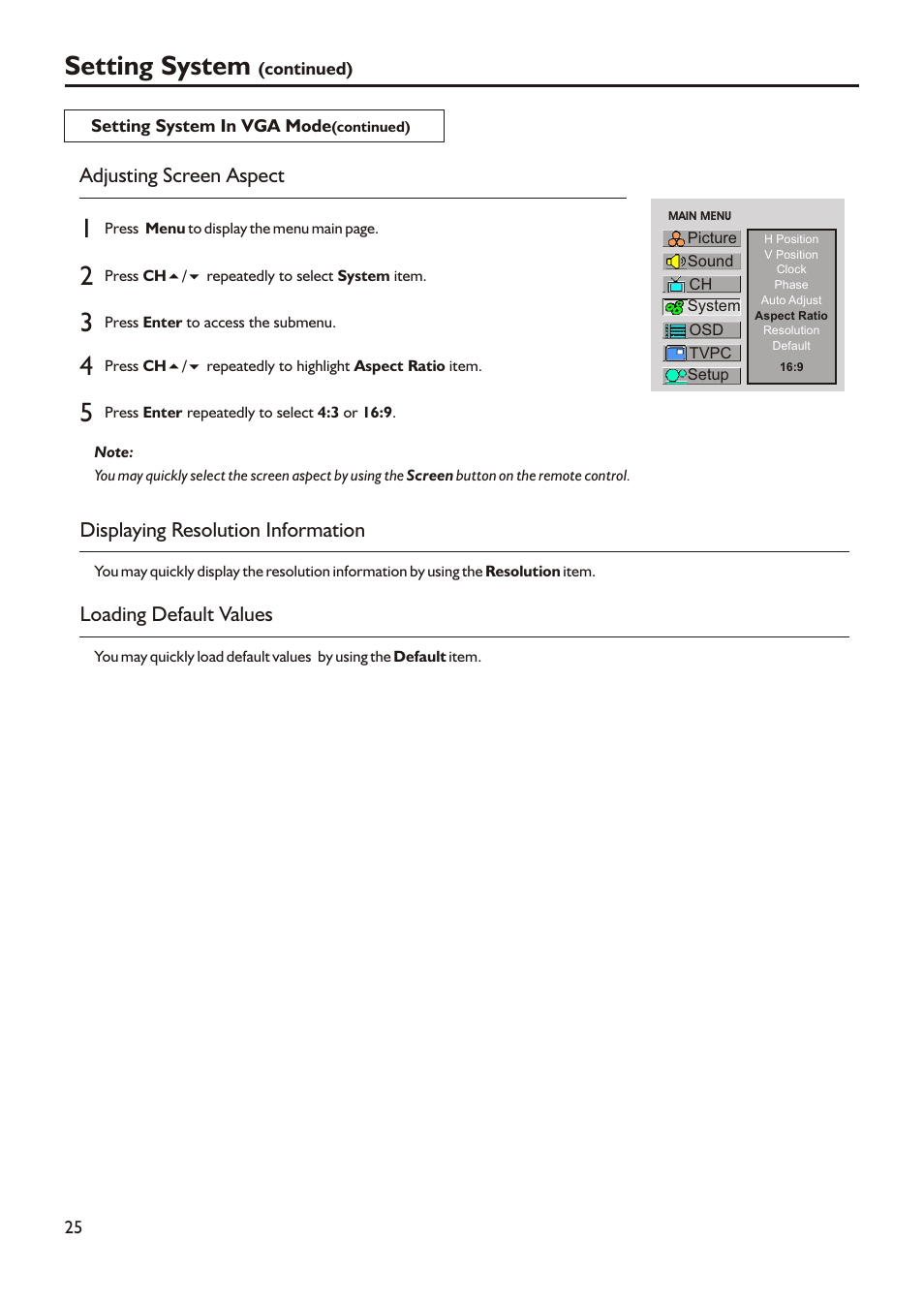 Setting system, Displaying resolution information, Loading default values | Adjusting screen aspect | Audiovox FPE3705 User Manual | Page 28 / 45