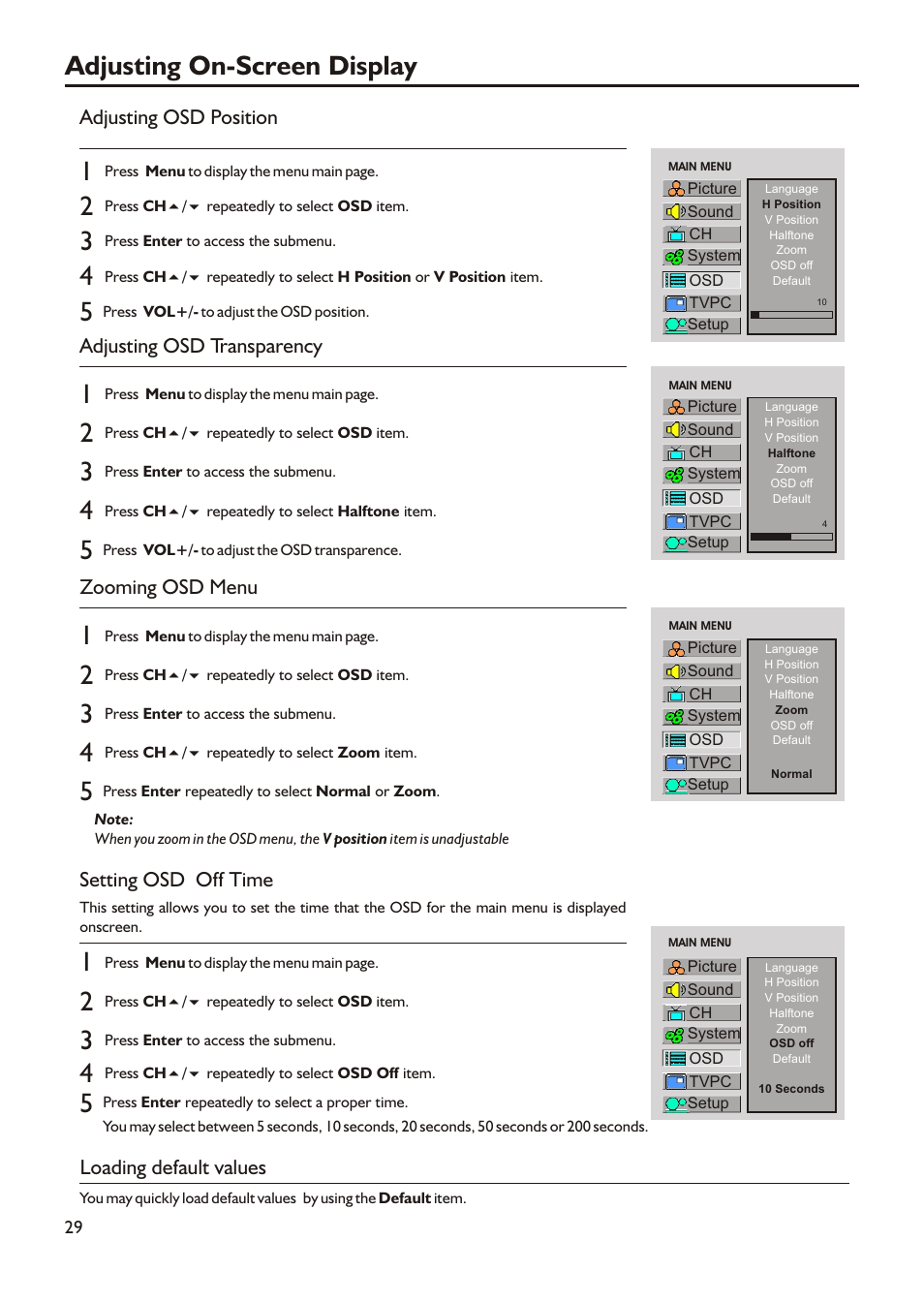 Adjusting on-screen display, Adjusting osd position, Adjusting osd transparency | Zooming osd menu, Setting osd off time, Loading default values | Audiovox FPE3705 User Manual | Page 32 / 45