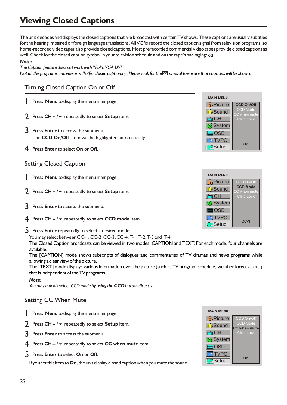 Viewing closed captions, Turning closed caption on or off, Setting closed caption | Setting cc when mute | Audiovox FPE3705 User Manual | Page 36 / 45