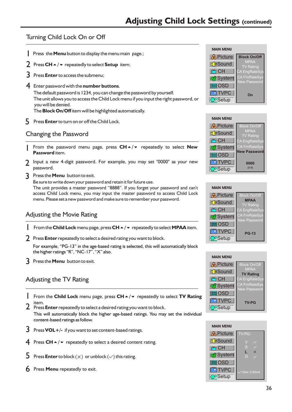 Adjusting child lock settings, Turning child lock on or off, Changing the password | Adjusting the movie rating, Adjusting the tv rating | Audiovox FPE3705 User Manual | Page 39 / 45