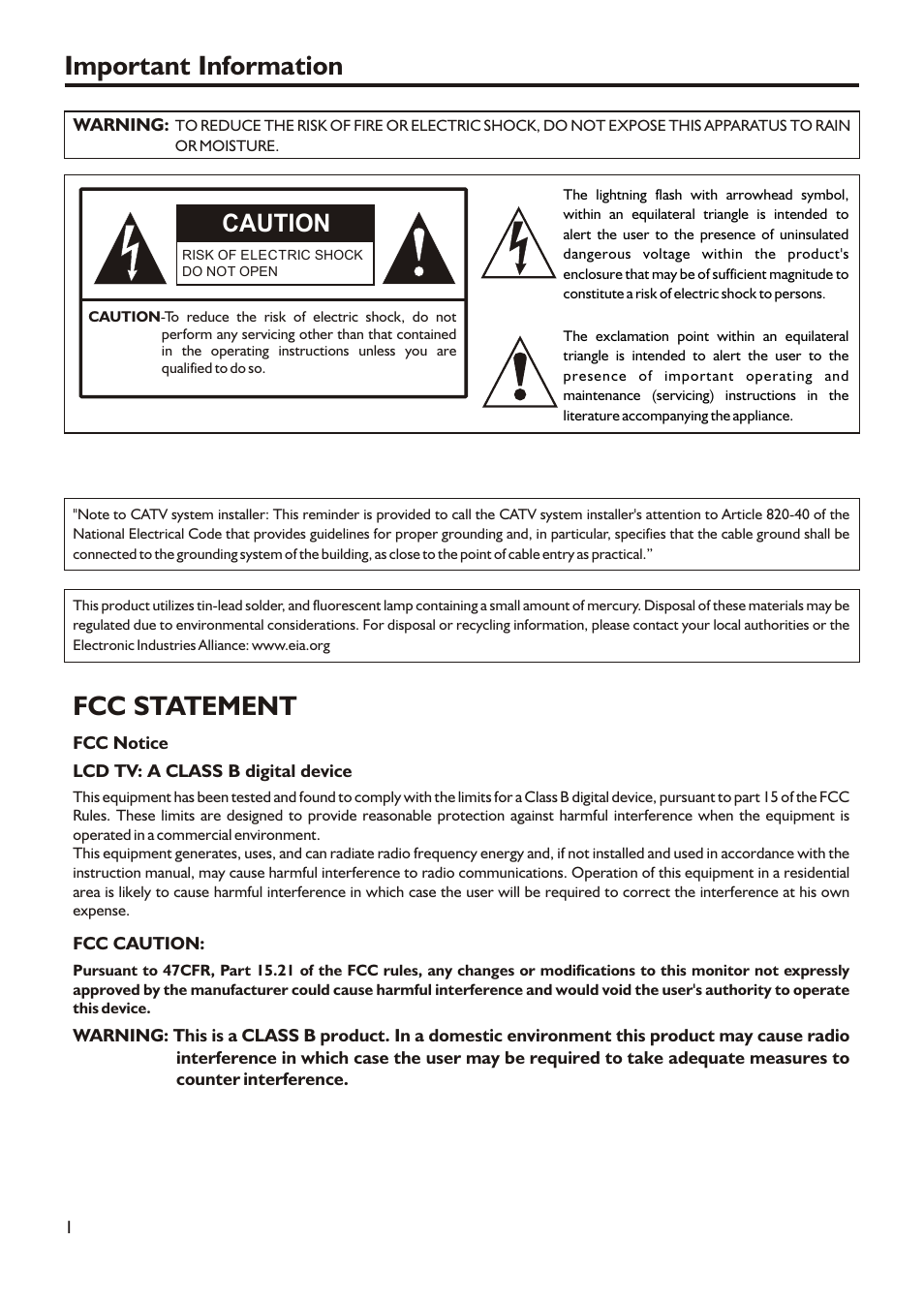 Important information, Fcc statement, Caution | Audiovox FPE3705 User Manual | Page 4 / 45