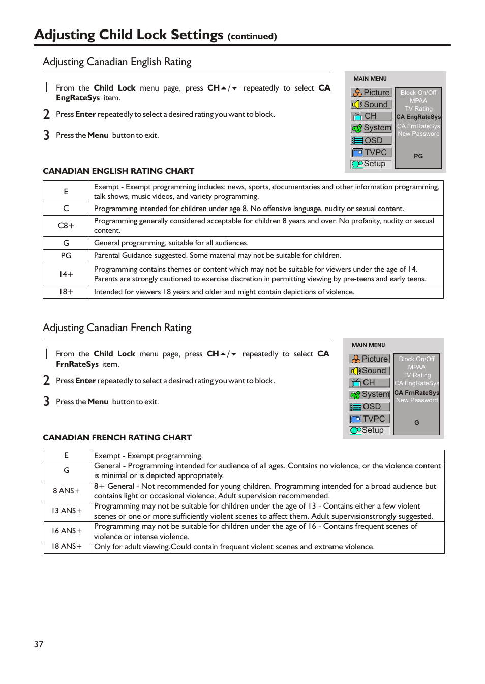 Adjusting child lock settings, Adjusting canadian english rating, Adjusting canadian french rating | Audiovox FPE3705 User Manual | Page 40 / 45