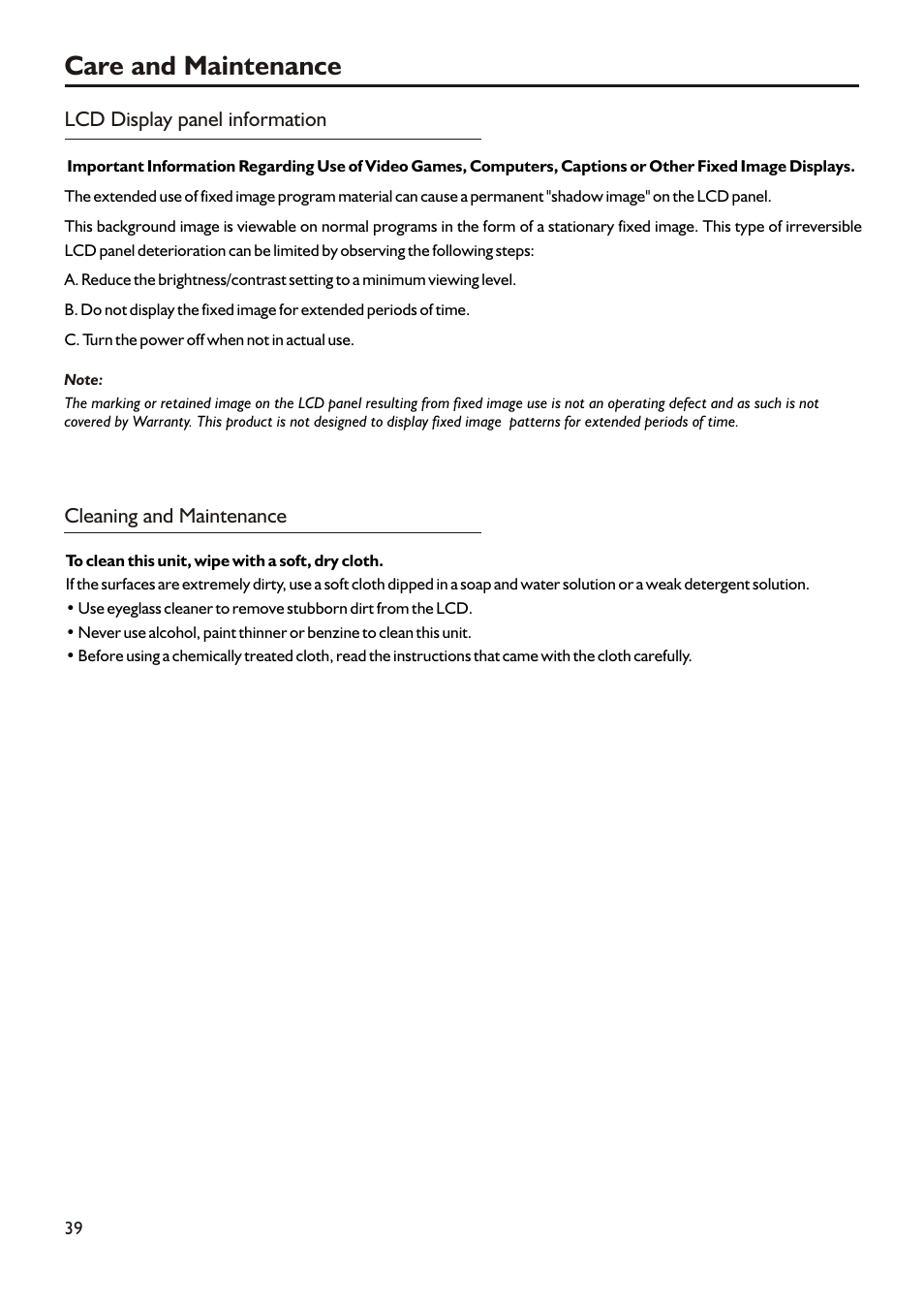 Care and maintenance | Audiovox FPE3705 User Manual | Page 42 / 45