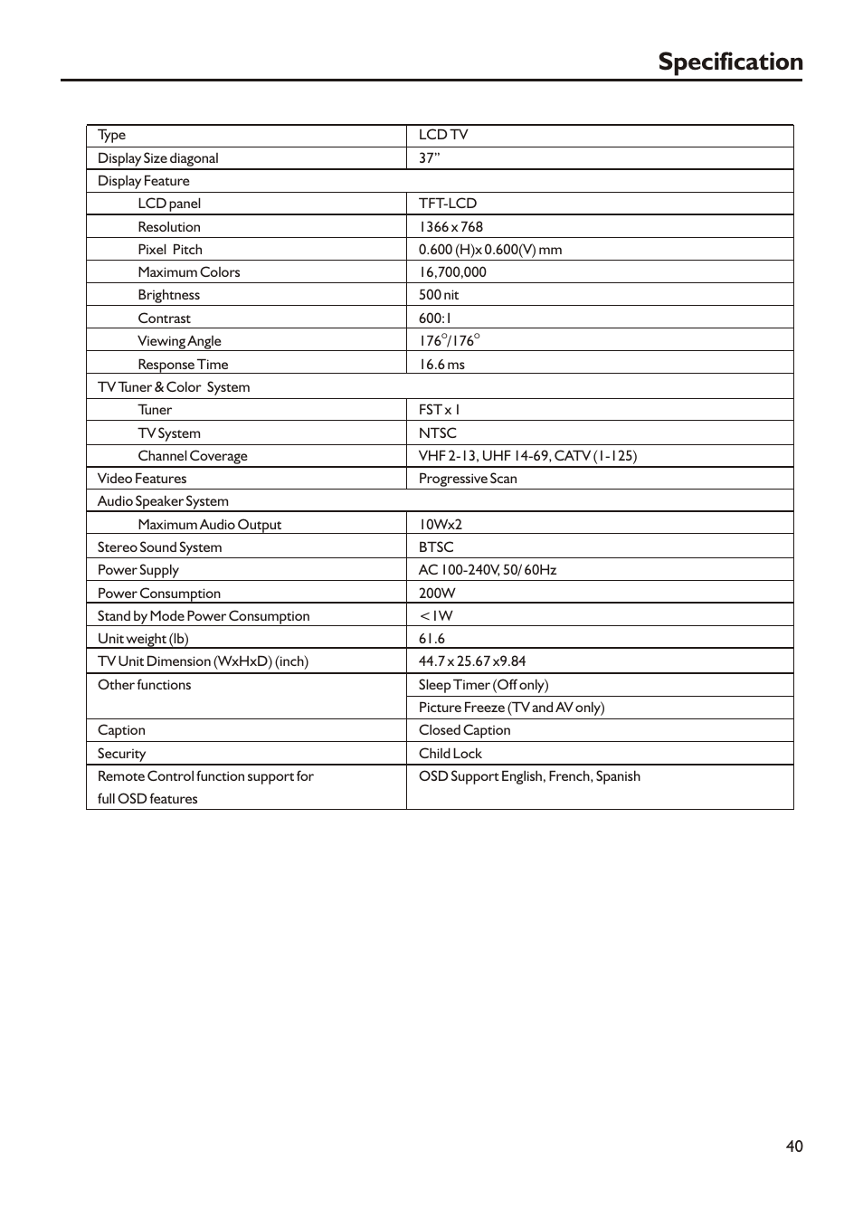 Specification | Audiovox FPE3705 User Manual | Page 43 / 45