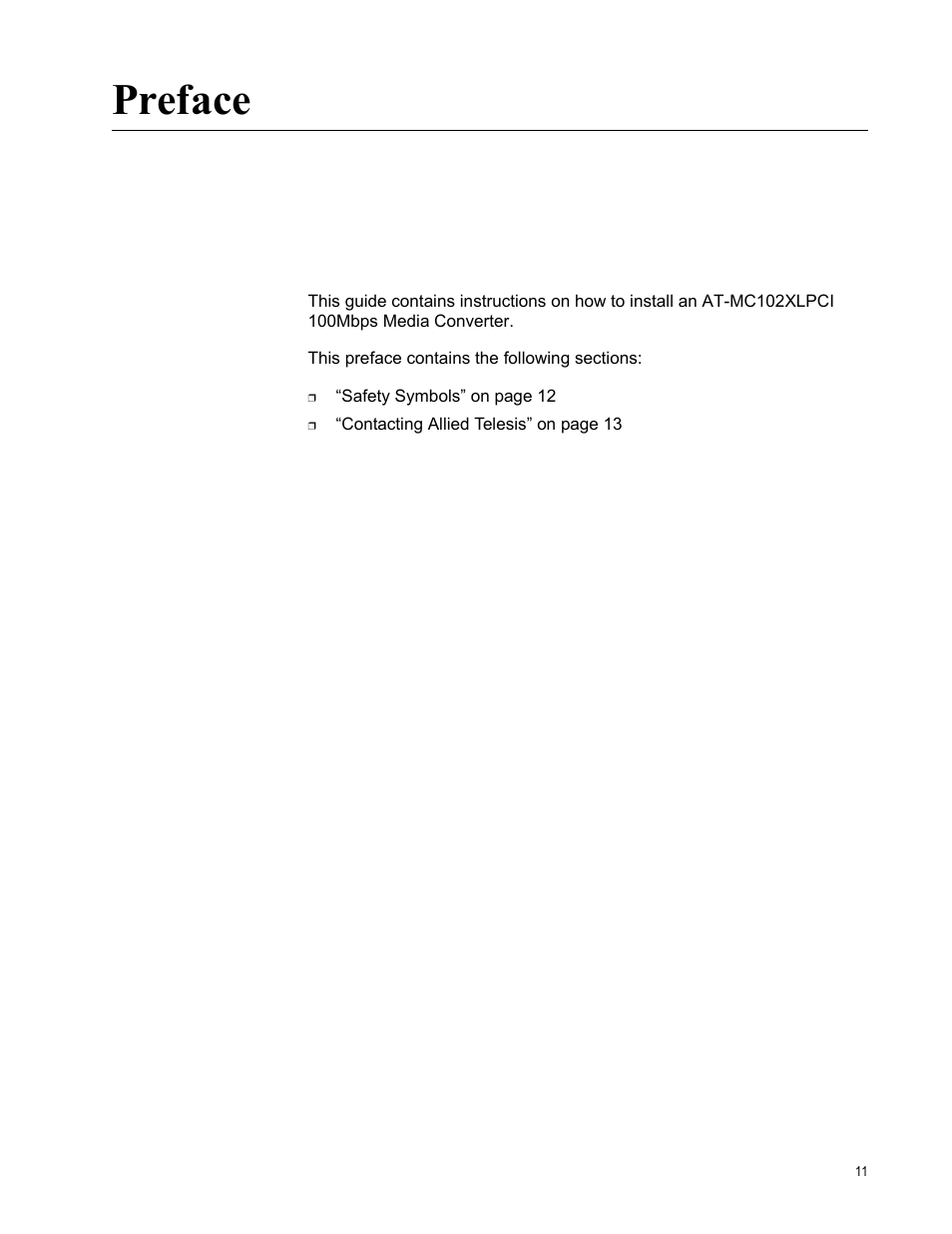 Preface | Allied Telesis AT-MC102XLPCI User Manual | Page 11 / 42