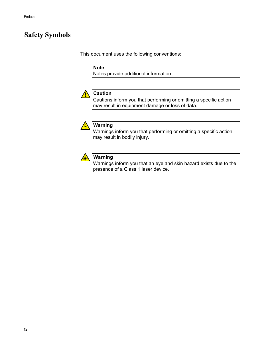 Safety symbols, Document conventions | Allied Telesis AT-MC102XLPCI User Manual | Page 12 / 42