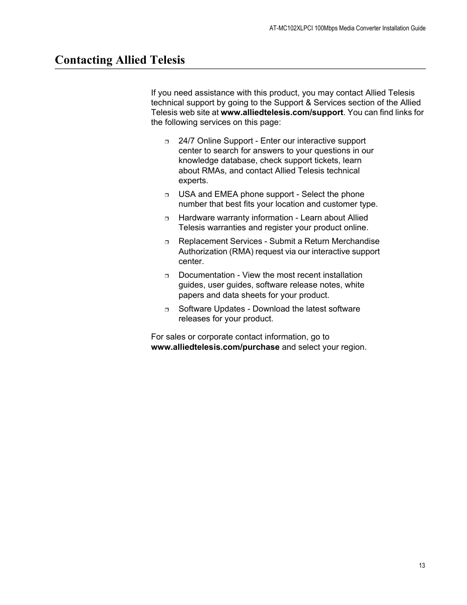 Contacting allied telesis | Allied Telesis AT-MC102XLPCI User Manual | Page 13 / 42