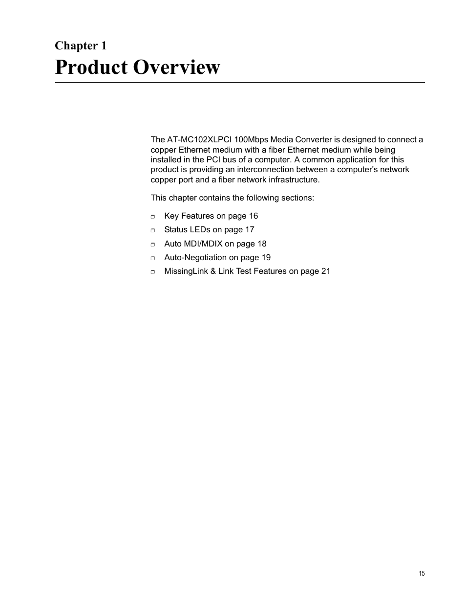 Chapter 1, Product overview, R 1: product overview | Allied Telesis AT-MC102XLPCI User Manual | Page 15 / 42