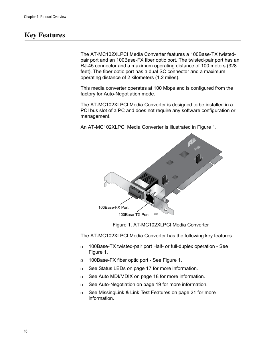Key features, Figure 1. at-mc102xlpci media converter | Allied Telesis AT-MC102XLPCI User Manual | Page 16 / 42