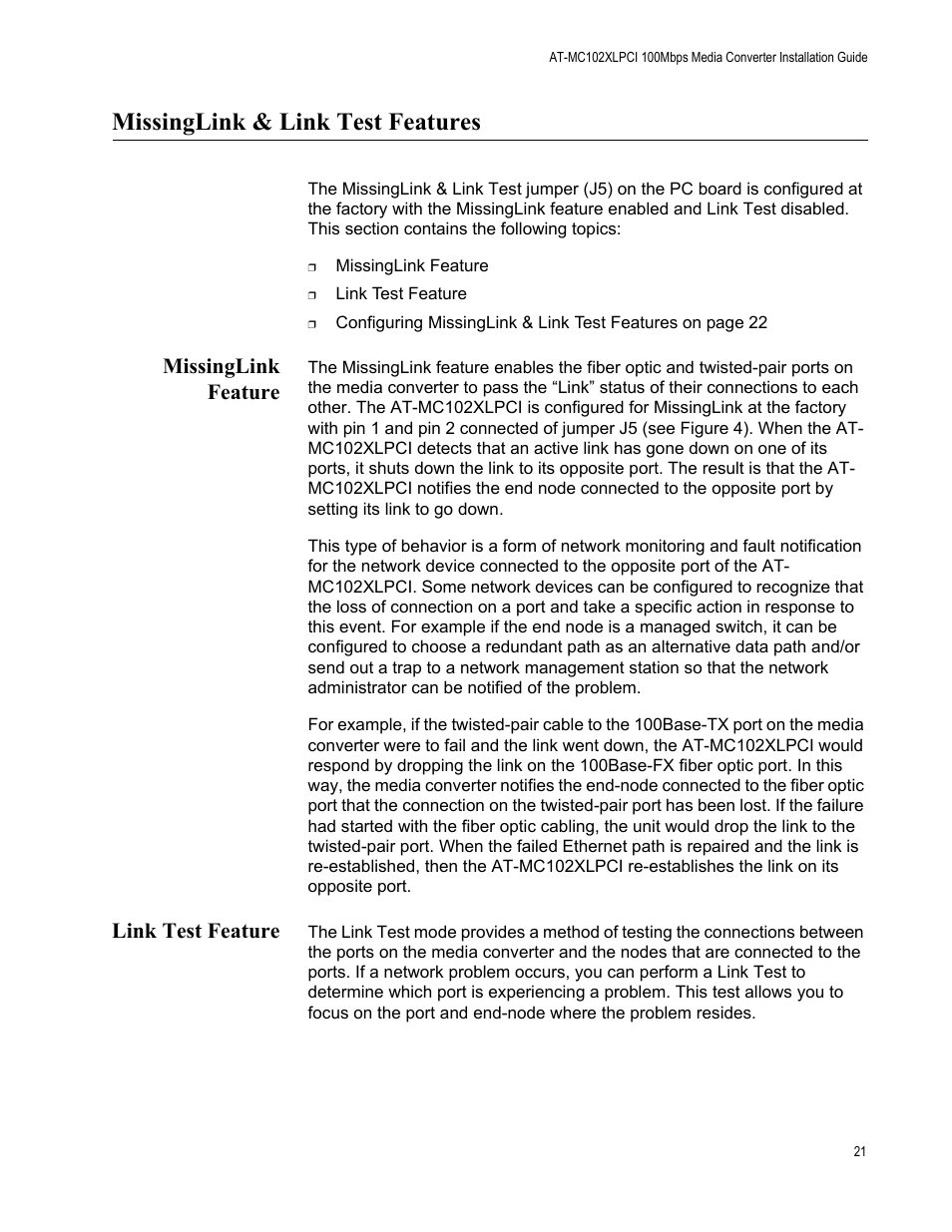 Missinglink & link test features, Missinglink feature, Link test feature | Missinglink feature link test feature | Allied Telesis AT-MC102XLPCI User Manual | Page 21 / 42