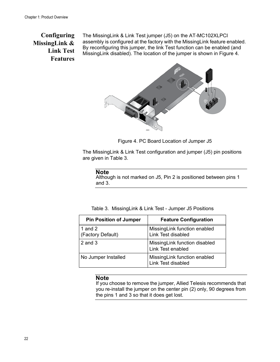 Configuring missinglink & link test features, Figure 4. pc board location of jumper j5, J5 (see figure 4) | Allied Telesis AT-MC102XLPCI User Manual | Page 22 / 42