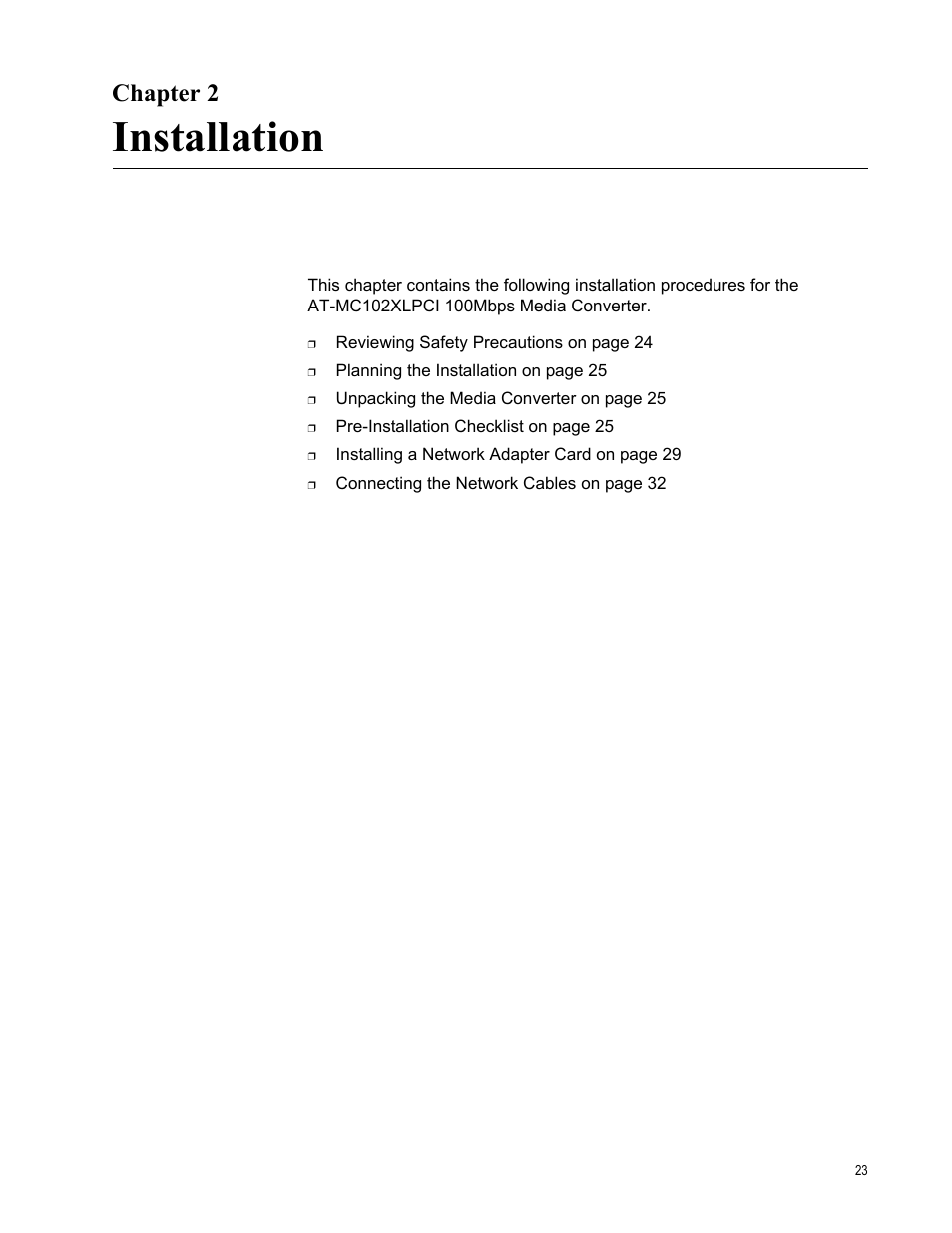 Chapter 2, Installation, Chapter 2: installation | Allied Telesis AT-MC102XLPCI User Manual | Page 23 / 42