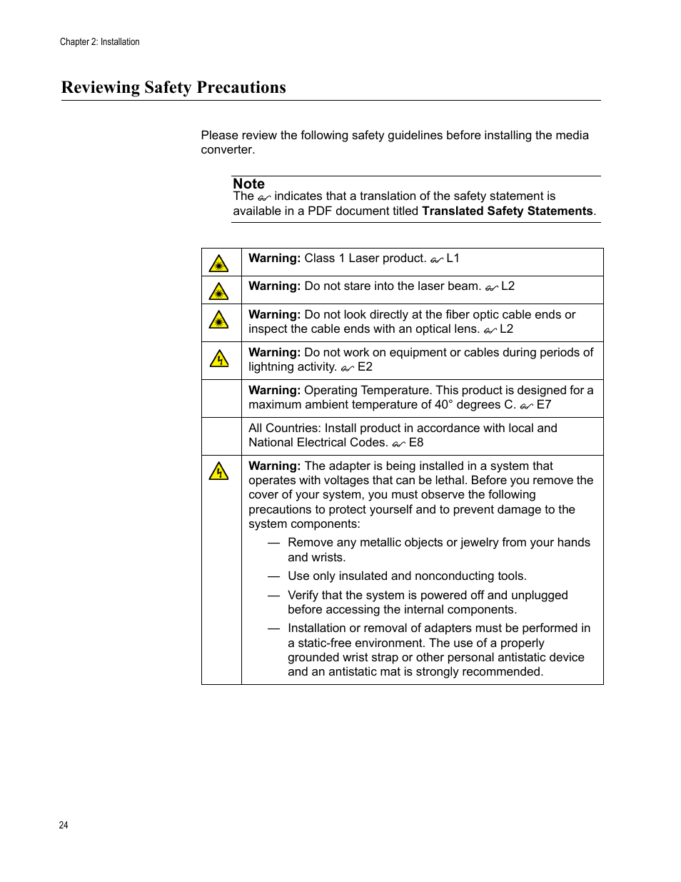 Reviewing safety precautions | Allied Telesis AT-MC102XLPCI User Manual | Page 24 / 42