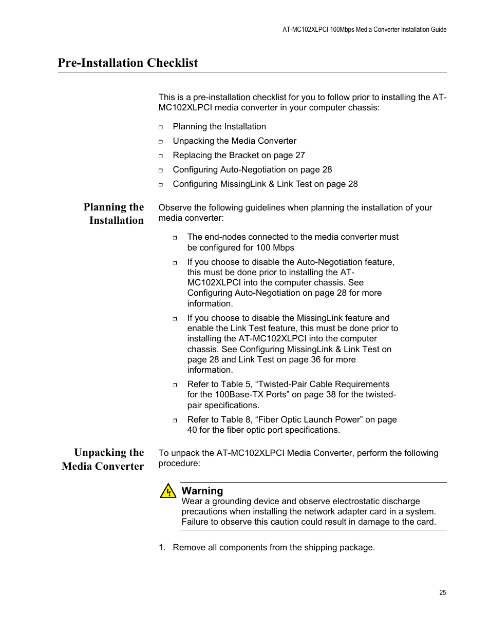 Pre-installation checklist, Planning the installation, Unpacking the media converter | Warning | Allied Telesis AT-MC102XLPCI User Manual | Page 25 / 42