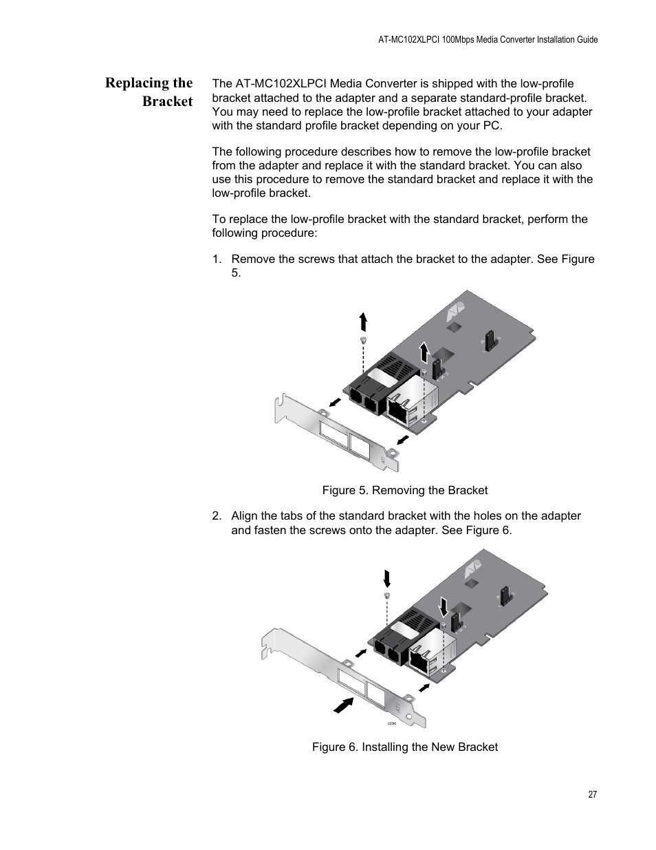 Replacing the bracket | Allied Telesis AT-MC102XLPCI User Manual | Page 27 / 42