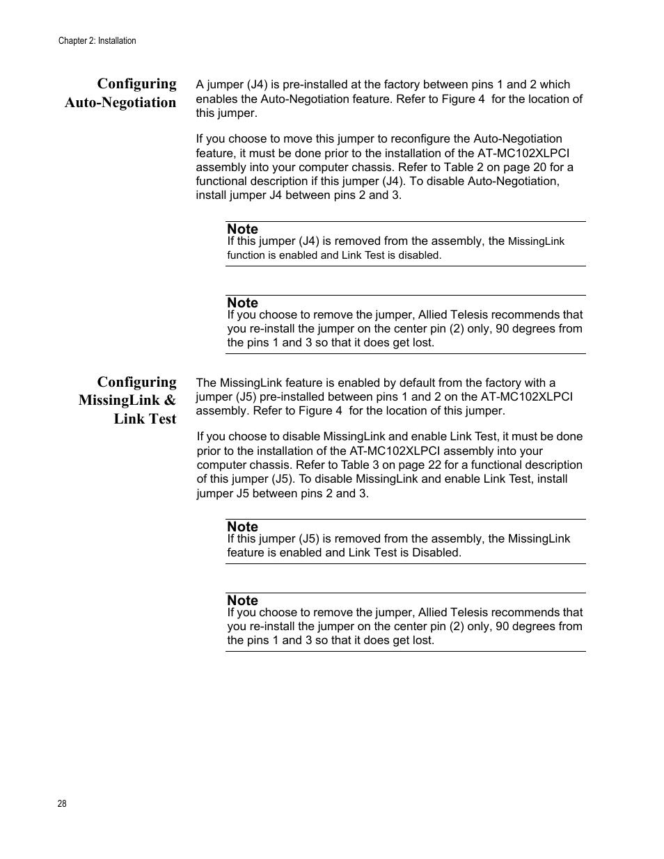 Configuring auto-negotiation, Configuring missinglink & link test | Allied Telesis AT-MC102XLPCI User Manual | Page 28 / 42