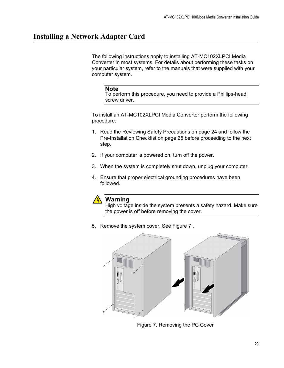 Installing a network adapter card, Figure 7. removing the pc cover | Allied Telesis AT-MC102XLPCI User Manual | Page 29 / 42