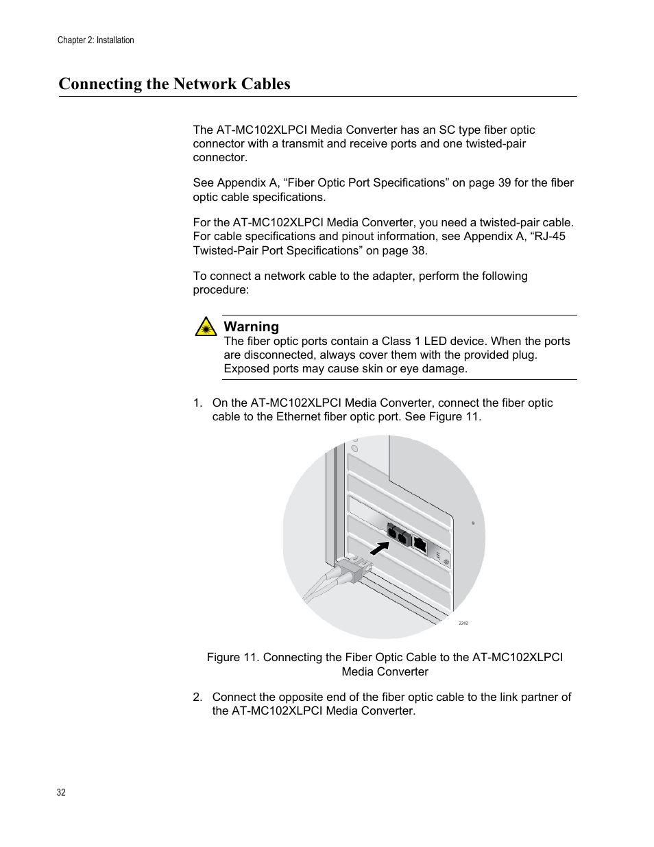 Connecting the network cables | Allied Telesis AT-MC102XLPCI User Manual | Page 32 / 42