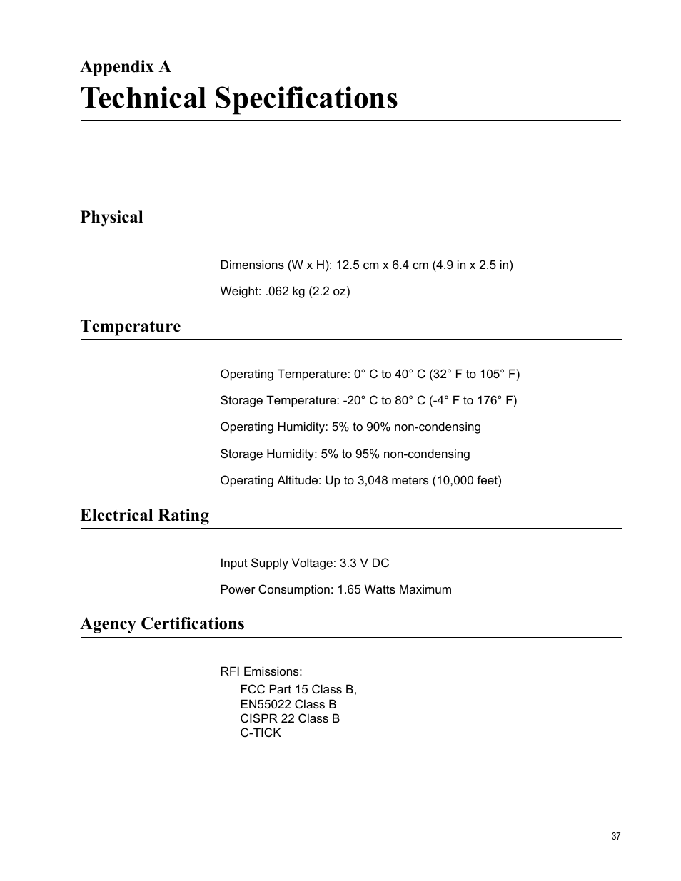 Appendix a, Technical specifications, Appendix a: technical specifications | Physical, Temperature, Electrical rating, Agency certifications | Allied Telesis AT-MC102XLPCI User Manual | Page 37 / 42
