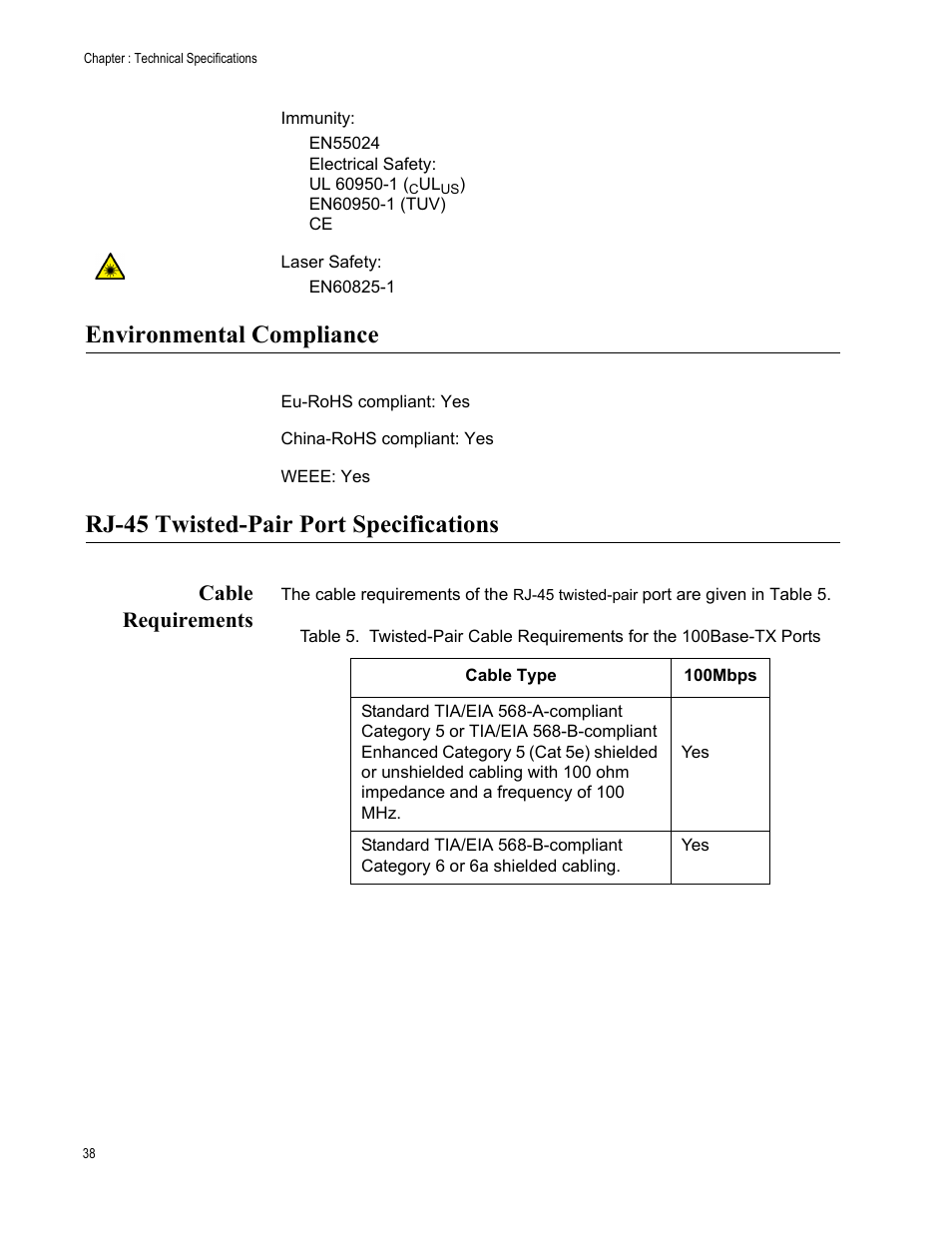 Cable requirements, Environmental compliance, Rj-45 twisted-pair port specifications | Allied Telesis AT-MC102XLPCI User Manual | Page 38 / 42