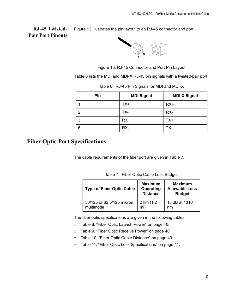 Rj-45 connector and port pin layout, Fiber optic port specifications, Rj-45 twisted- pair port pinouts | Allied Telesis AT-MC102XLPCI User Manual | Page 39 / 42