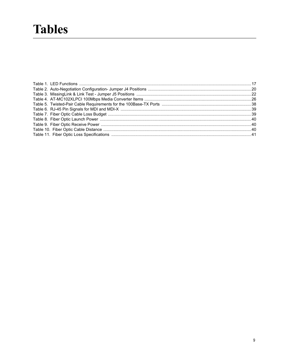 Tables | Allied Telesis AT-MC102XLPCI User Manual | Page 9 / 42