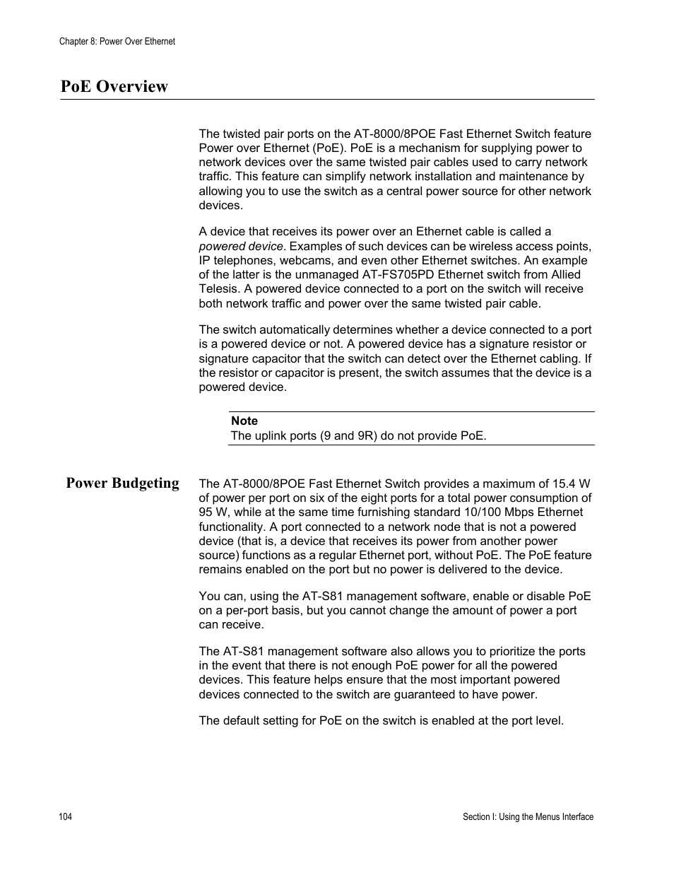 Poe overview, Power budgeting | Allied Telesis AT 8000/8POE User Manual | Page 104 / 360
