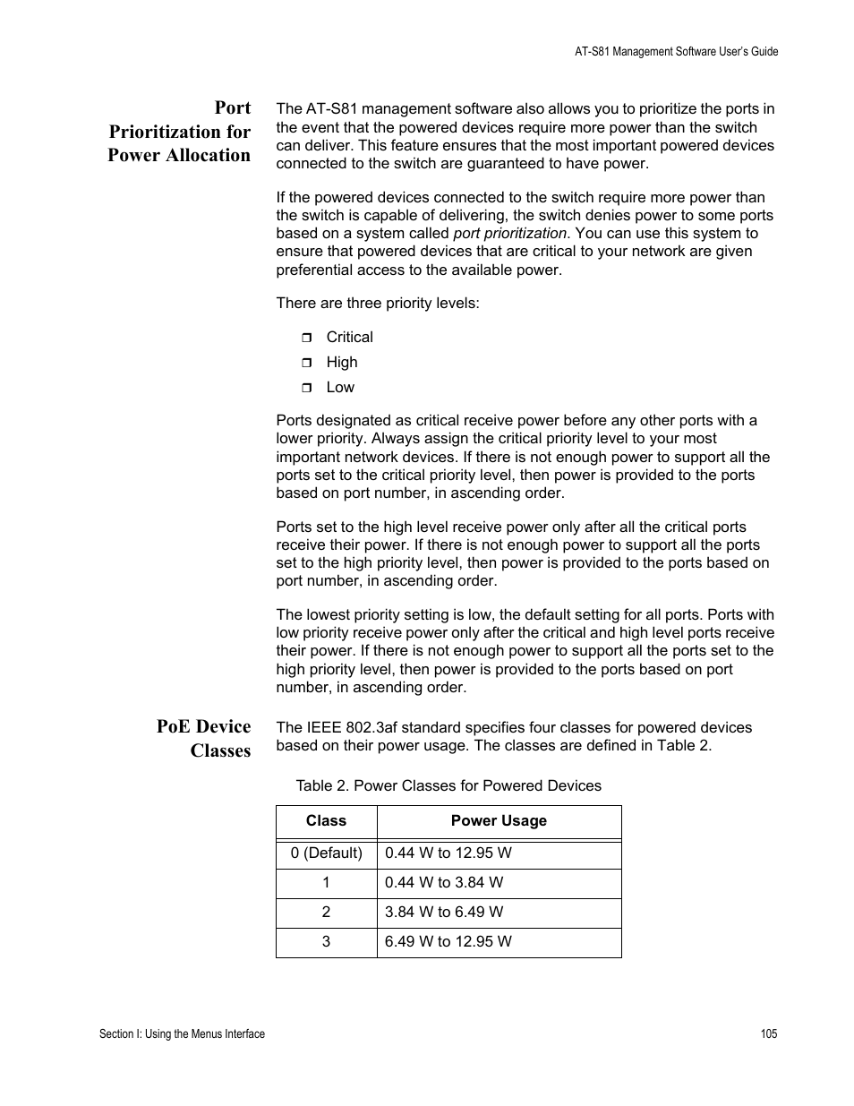 Port prioritization for power allocation, Poe device classes, Table 2. power classes for powered devices | Allied Telesis AT 8000/8POE User Manual | Page 105 / 360